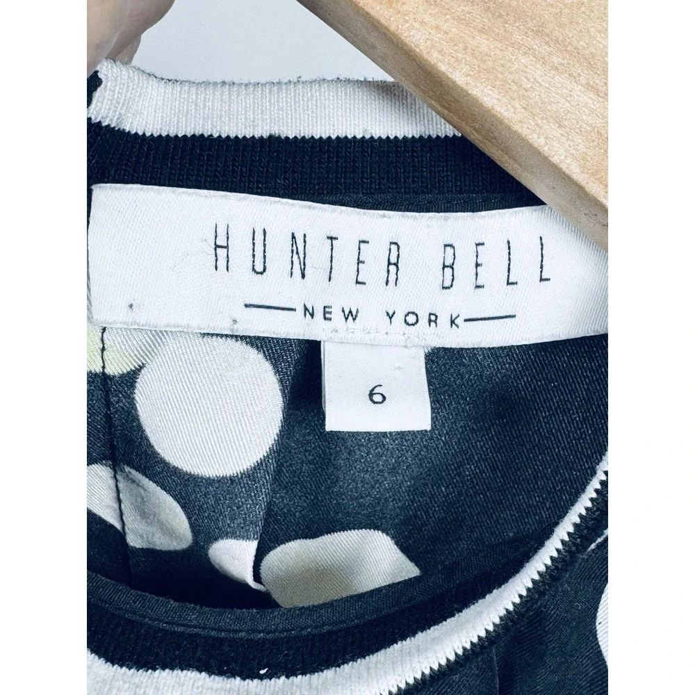 Hunter Bell Midi Silk Dress Black Abstract Polka Dot Stripe Trim Luxury Designer
